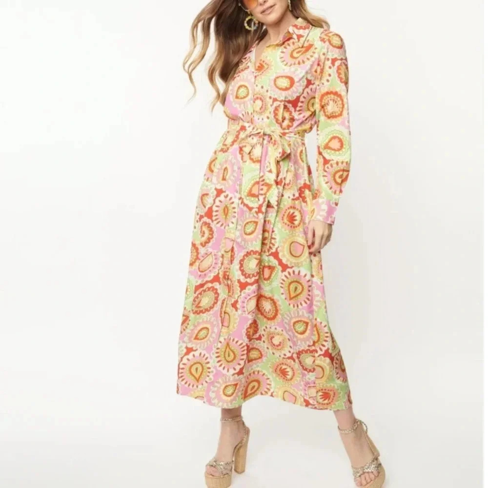 NEW Unique Vintage Pink Ripple Midi Shirt Dress L Shirtdress 70s Disco Retro